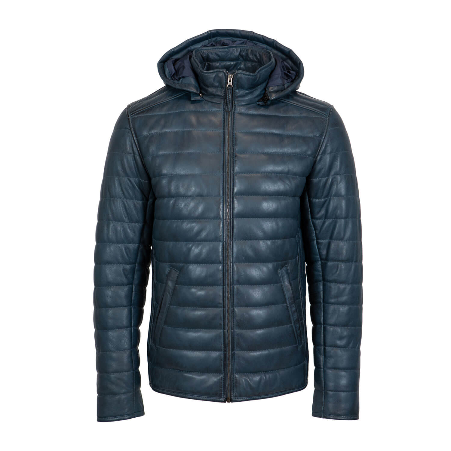 MEN’S LEATHER PUFFER JACKET BASICMEN BLUE